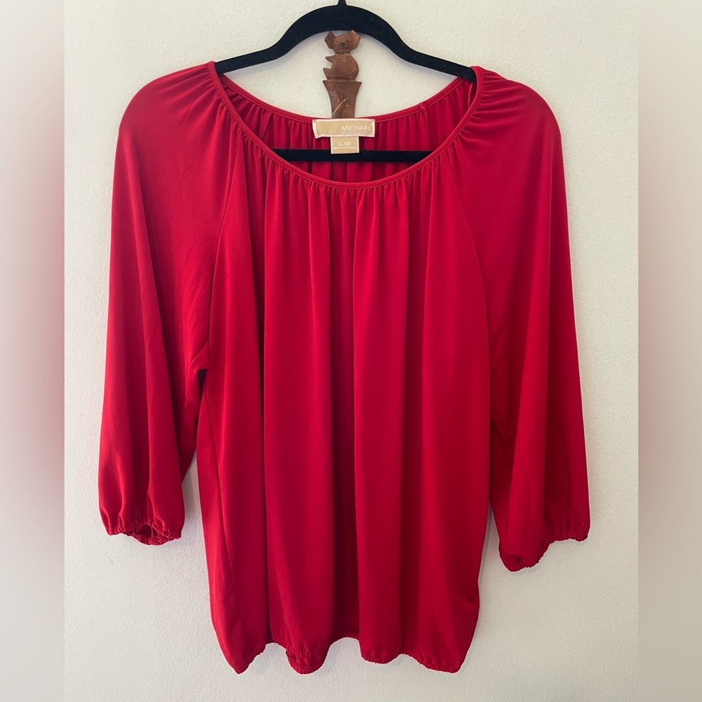MICHAEL KORS sz L | Red gathered hem & sleeve stretchy blouse